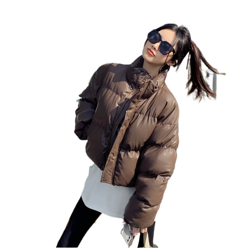 jinran winter outfits men Wash-Free Leather Winter down Cotton-Padded Coat for Women New Stand Collar Short Thickened Small Bread Coat