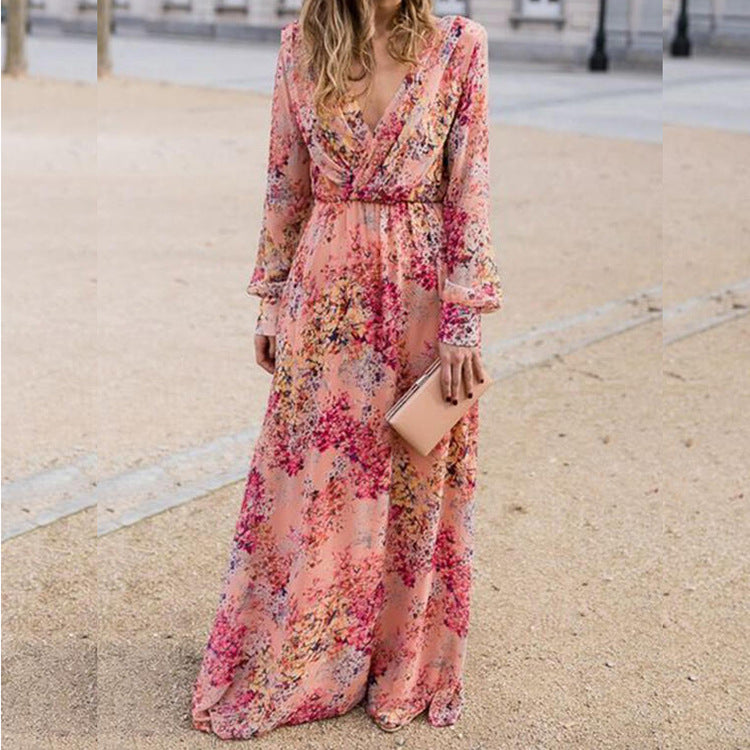 2025 Cross-border Summer New Women's Skirt Skinny Dress Sexy Neck Lace Printed Waist Pendulum Dress