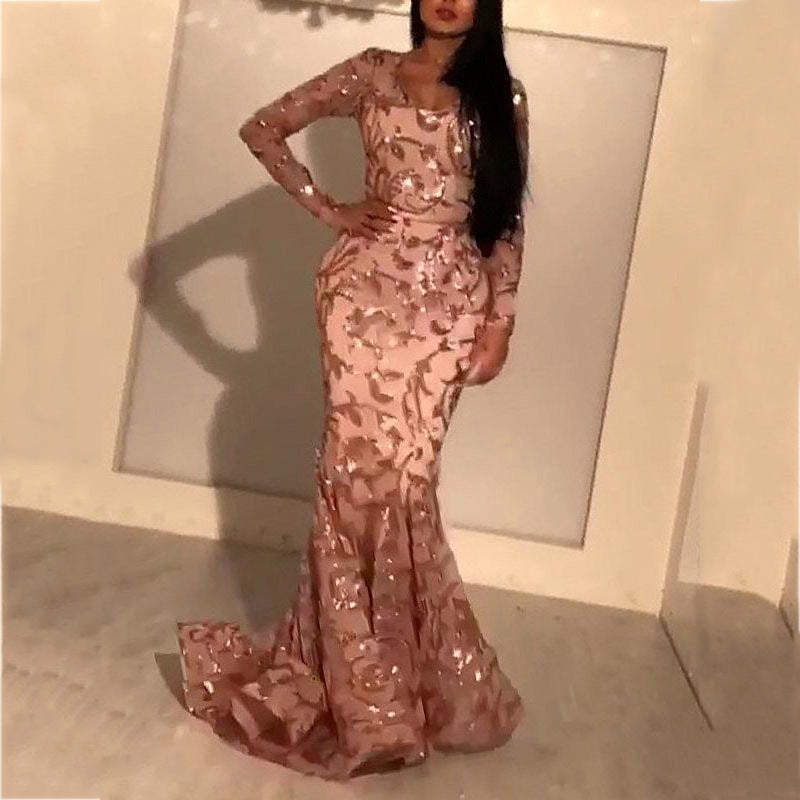 2025 New spring new 2025 women's clothing sexy sequin dress petal slim hip banquet evening dress