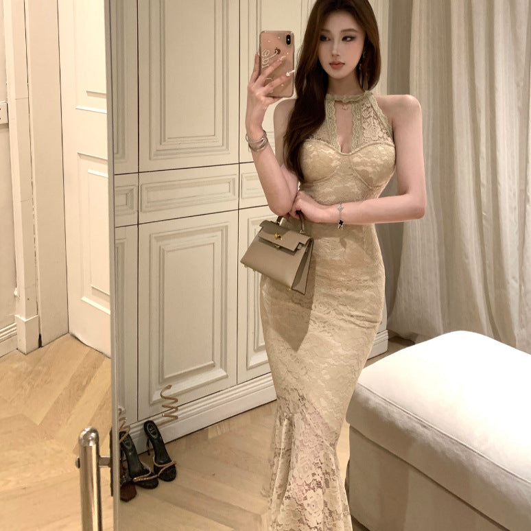 2025 Lace banquet evening dress women's summer dress new elegant neck sexy lace hollow fishtail skirt