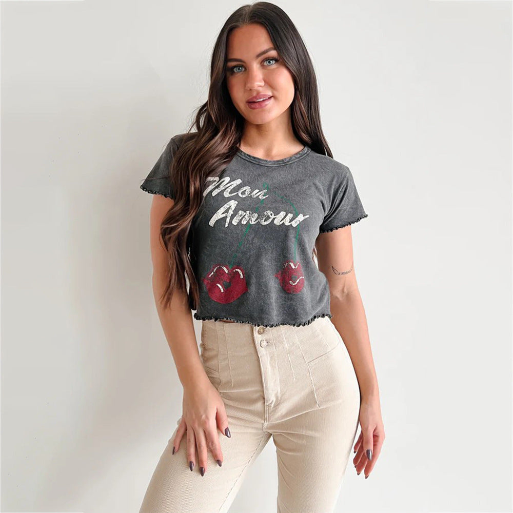 2025 Tide brand New retro old lock edge short T-shirt women's short sleeve summer new design sense printed T-shirt high sense