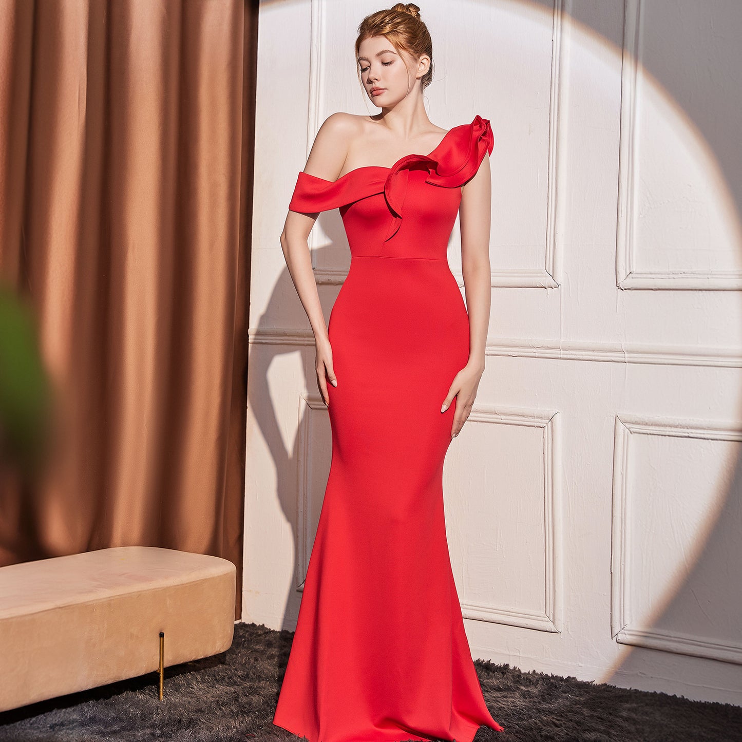 2025 Evening dress femininity elegant noble celebrity style banquet one shoulder slanted shoulder sexy slim slim long dress