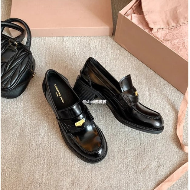 2025 Cowhide version~ Xingshengda shoes British style A miu small gold coins thick heel lazy loafers women's small leather shoes