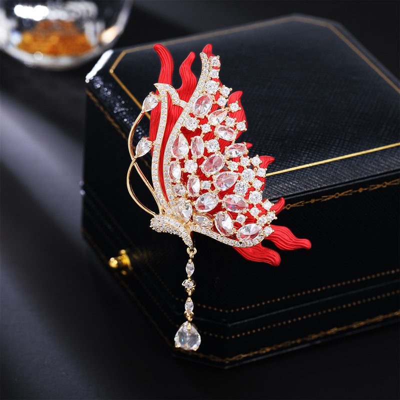 2025 Luxury temperament retro red butterfly fringed brooch slightly inlaid zircon elegant exquisite fashion coat pin brooch
