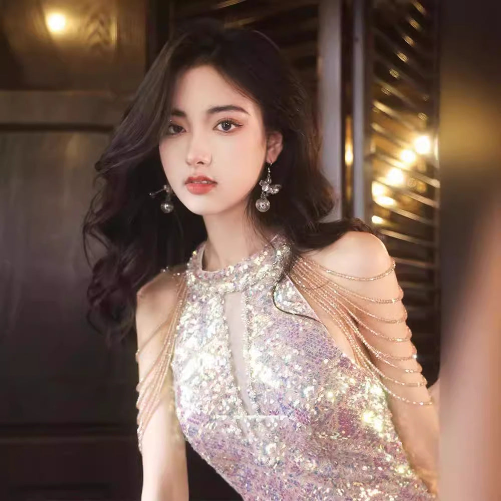 jinran pink dress Banquet Host Evening Dress 2024 New Style Style Birthday Party Socialite Elegant French Light Luxury Fishtail