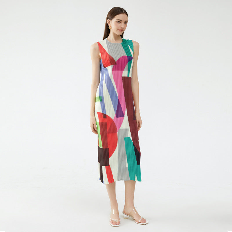 2025 summer new geometric printing and dyeing sleeveless slim dress women's long simple versatile and thin a-shaped skirt