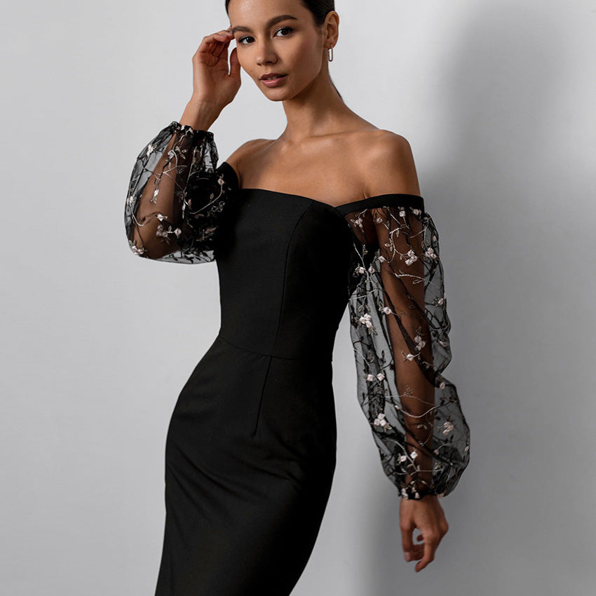 2025 spring casual sexy temperament mesh embroidery perspective square neck bubble sleeve dress New women's clothing