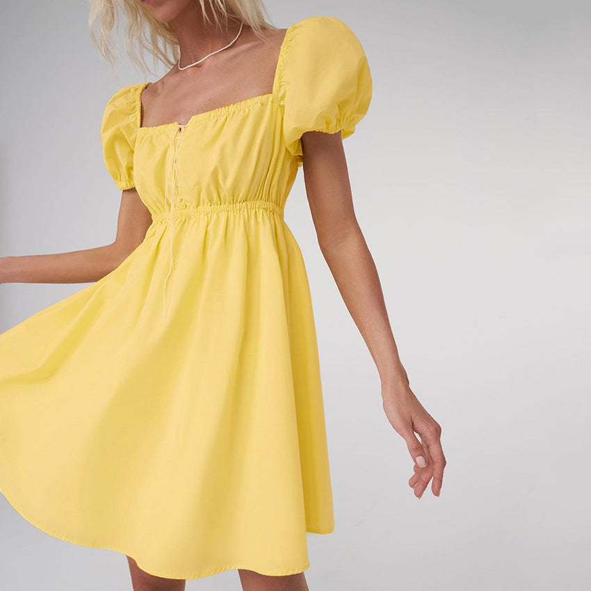 2025 summer short-sleeved short skirt women's collar hollow bow temperament pure cotton bubble sleeve dress women's clothing
