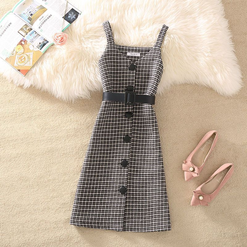 jinran fall trends 2024 outfits Sweater Dress Suit Women's 2024 Autumn and Winter New Retro Woolen Plaid Strap Dress Two-Piece Suit Fashion Women