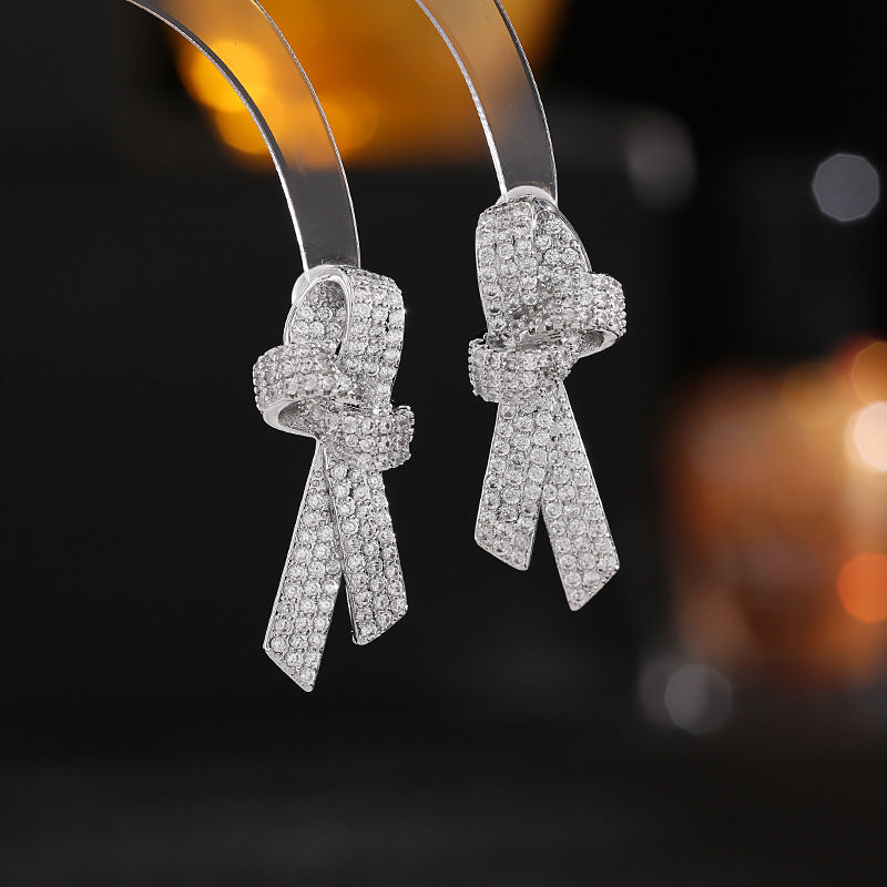 2025 s925 silver needle fashion commuter earrings wholesale high-grade earrings zircon inlaid three-dimensional ribbon bow earrings