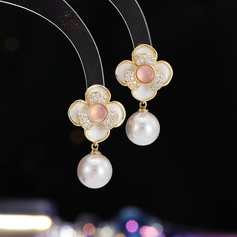 2025 High-end earrings female niche fresh fairy wind jade light luxury inlaid zircon s925 silver needle camellia earrings