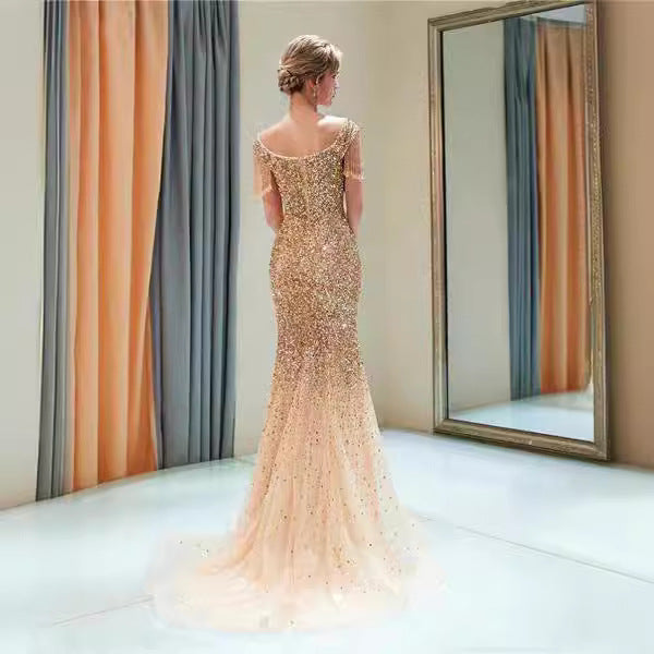 2025 2025 Popular trade new women's clothing slim-fitting fishtail skirt ebay sexy shoulder sleeve V-neck dress sprinkled gold dress