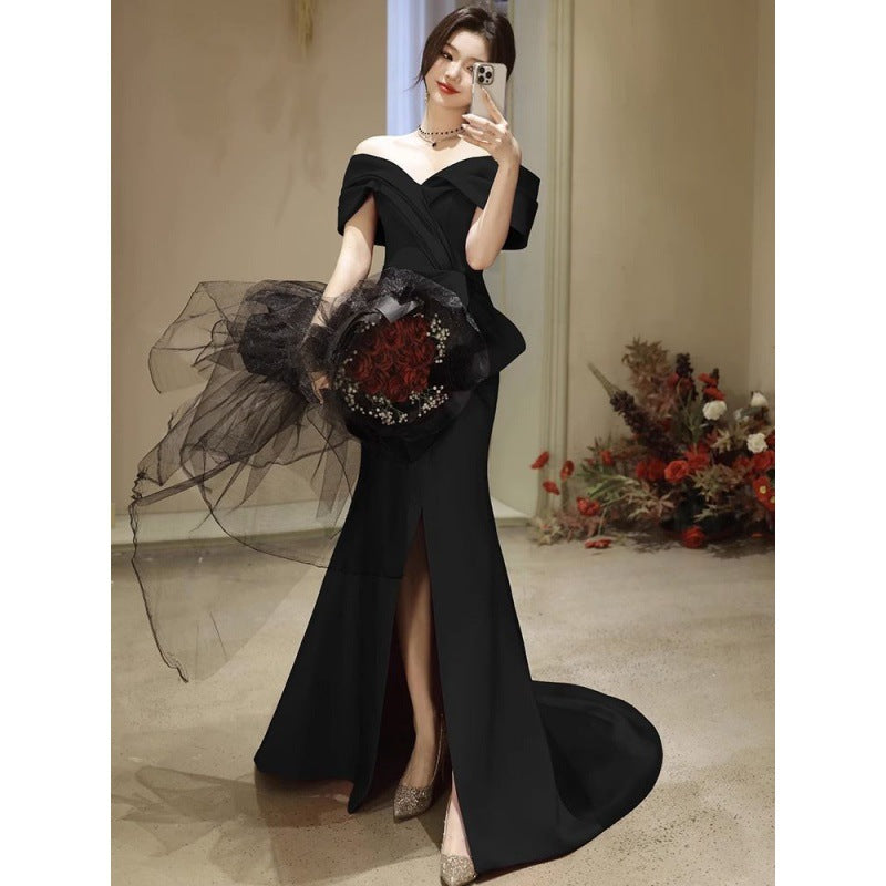 jinran Fishtail dress black evening dress light luxury 2024 new niche tail style banquet annual meeting host slim