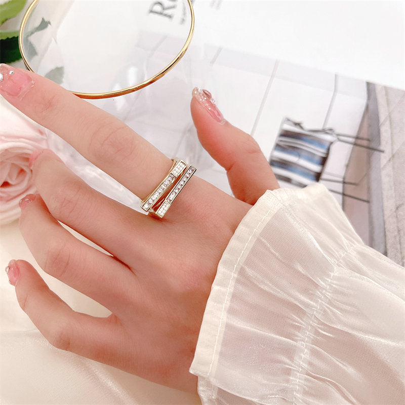 2025 Opening adjustable zircon ring color retention electroplating fashion women's ring creative design sense parallel staggered personality index finger ring