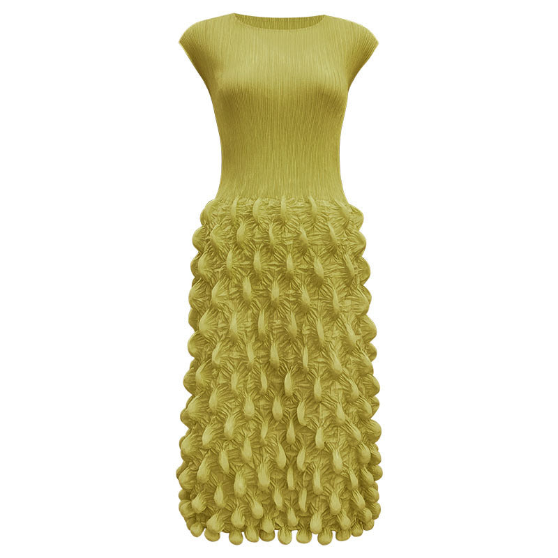 2025 summer new spot bubble pleated long dress slim pleated women's clothing solid color niche handmade sleeveless dress