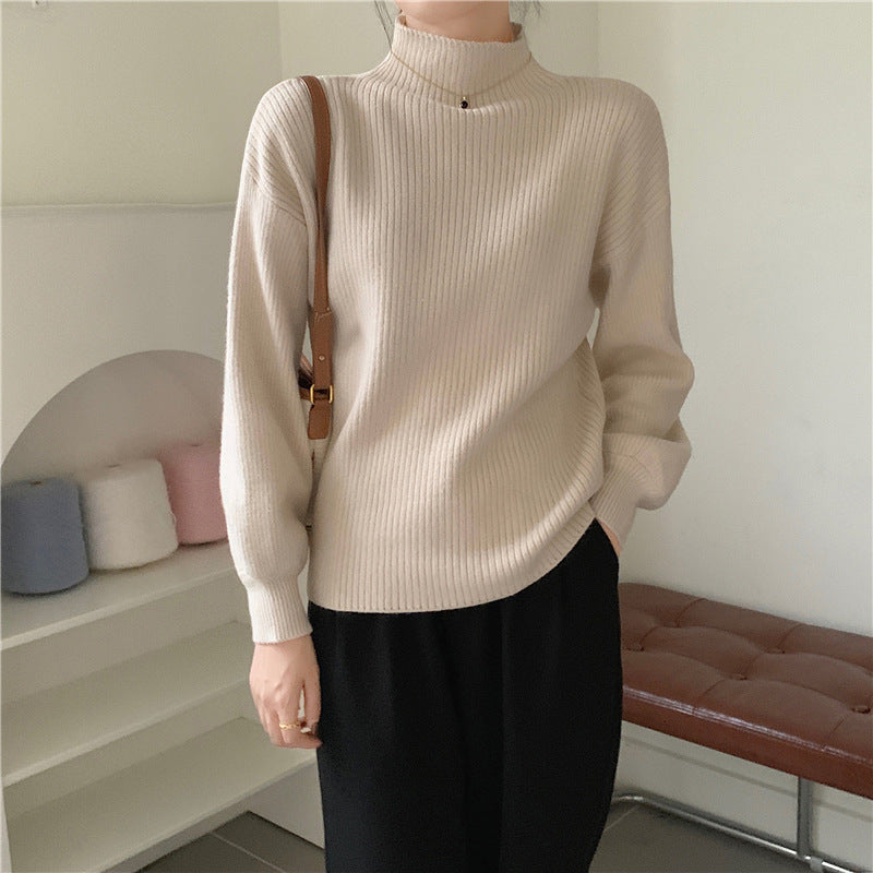 jinran fall fashion Japan and South Korea ~ 2024 New Bottoming Half Turtleneck Solid Color Lantern Sleeve Korean Style Knitted Sweater Top for Women