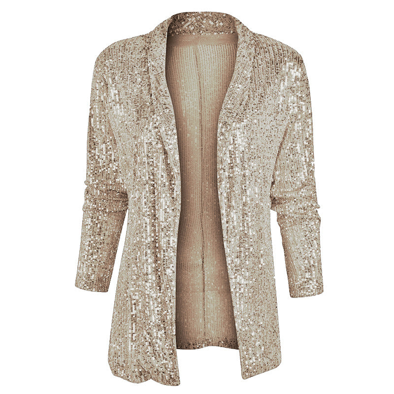 2025 spring New new 2025 sequined long-sleeved temperament medium and long small suit lapel coat