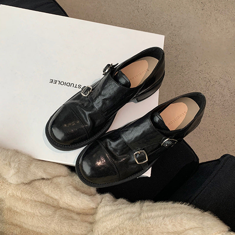 2025 Cowhide version~ Su Yinyin same miu engraved buckle with thick heel temperament versatile Oxford loafer single shoes women's small leather shoes
