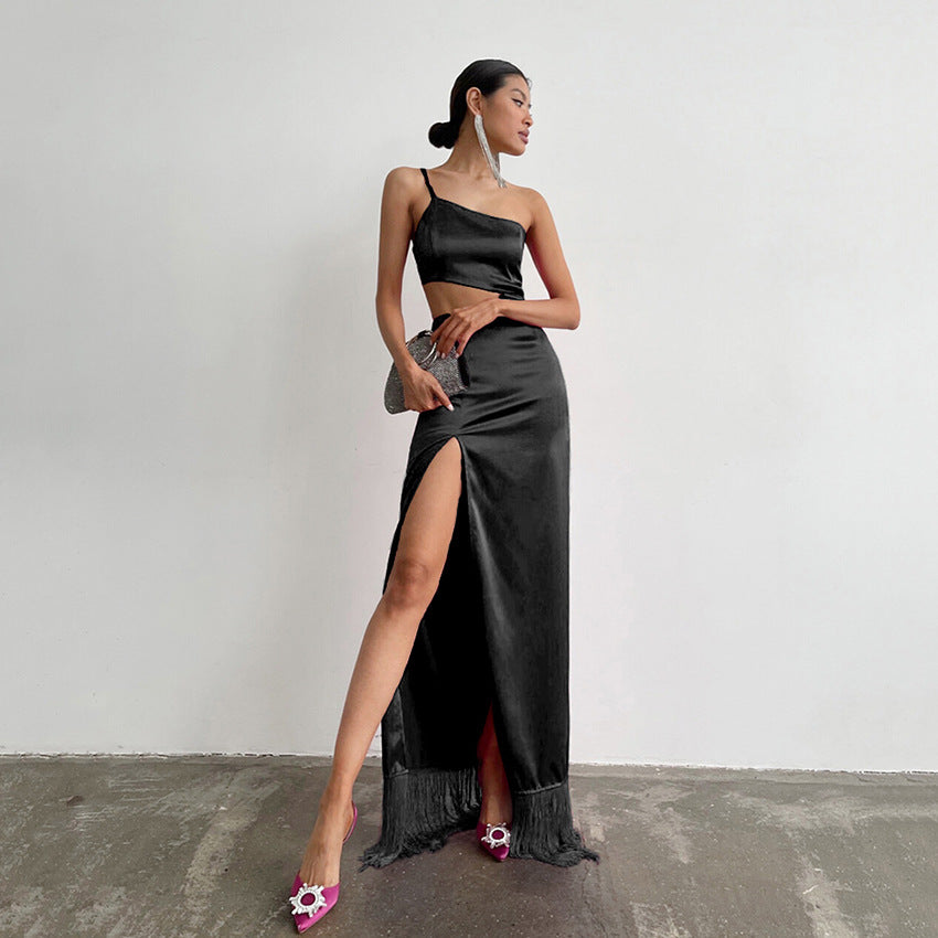 2025 summer new design dress asymmetrical niche tassel mopping floor long dress women