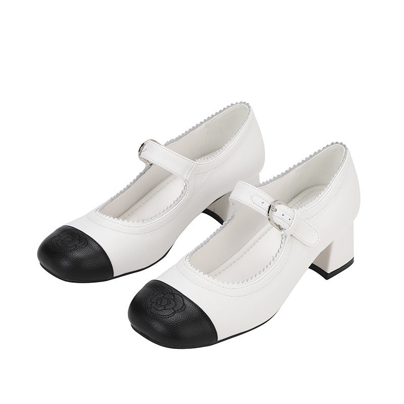 2025 Cowhide version~ High-heeled new Xiaoxiangfeng Mary Jane shoes for women's leather thick heel one-word buckle black and white color matching single shoes for women