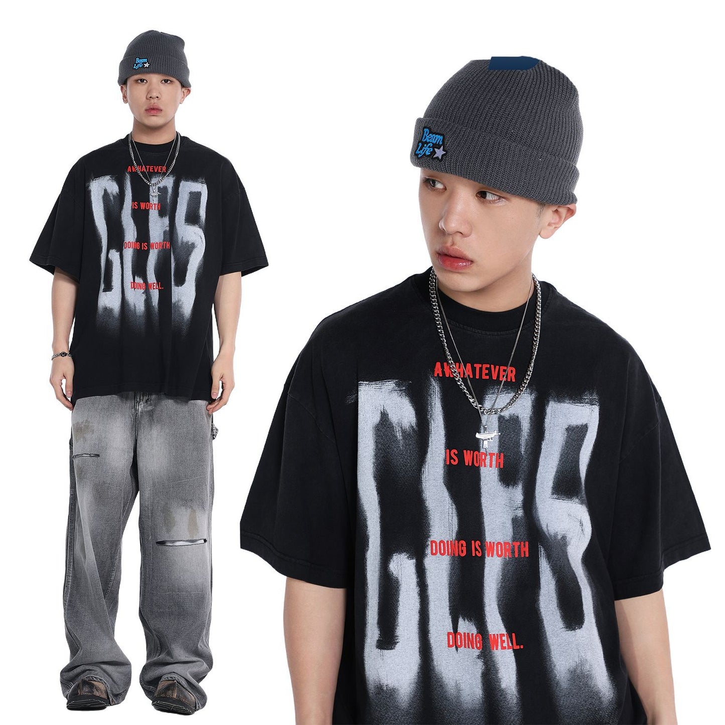 2025 JT916 2025n street 2025 summer washed and old high-end design men's loose letter picture short-sleeved T-shirt