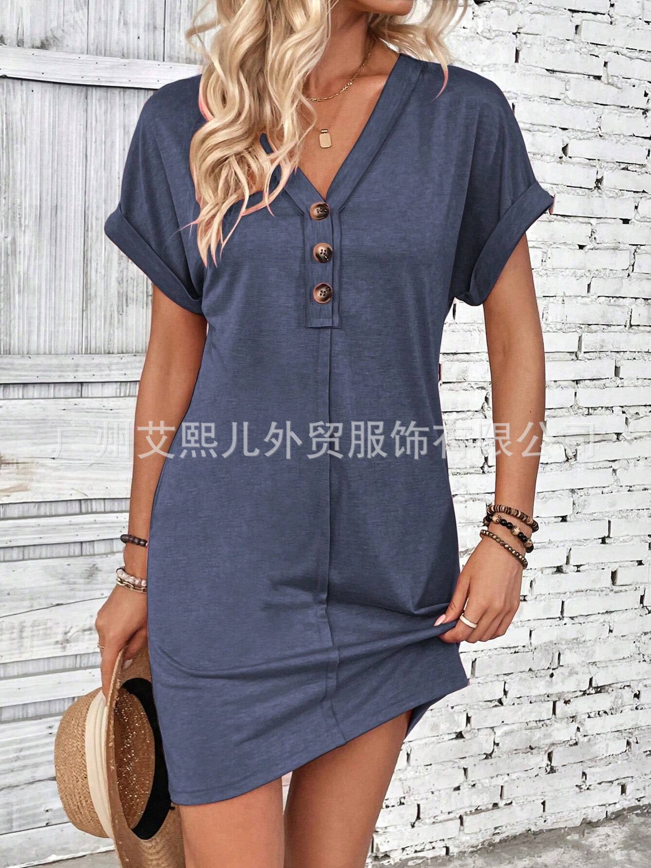 2025 Popular, , New summer women's clothing fashion versatile buckle V-neck shoulder roll sleeve solid color dress