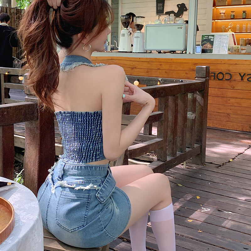 2025 Spice girl denim suit women's summer new fashion neck halter navel vest top high waist rough edge skirt