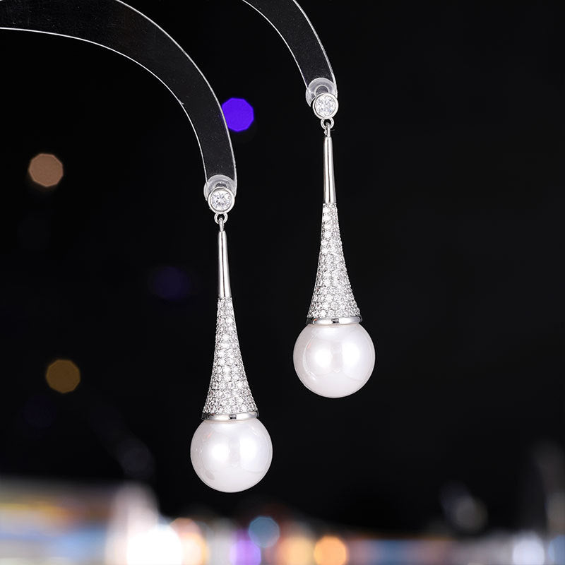 2025 new high-end temperament earrings, exquisite niche unique design inlaid zircon pearl long earrings