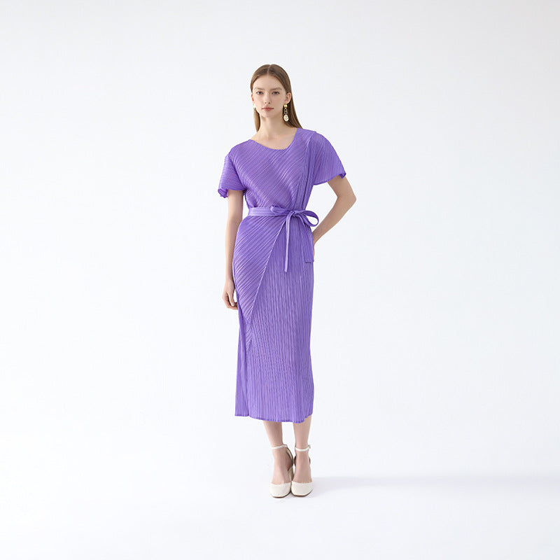 2025 spring new Miyake horn sleeve folding lace-up dress for women, thin solid color temperament personality medium and long dress for women