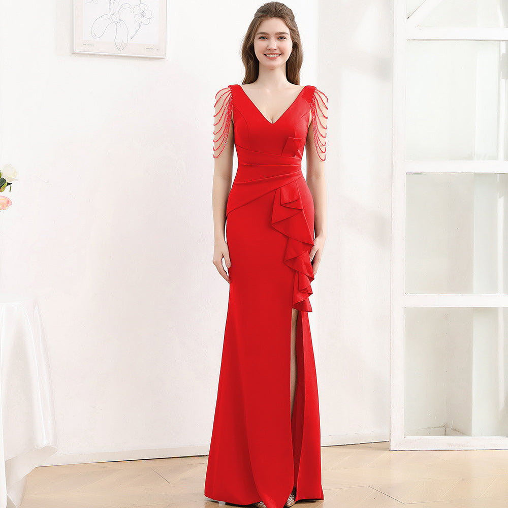 2025 Evening dress femininity banquet company annual meeting slim and thin fishtail skirt car model exhibition suspender long dress