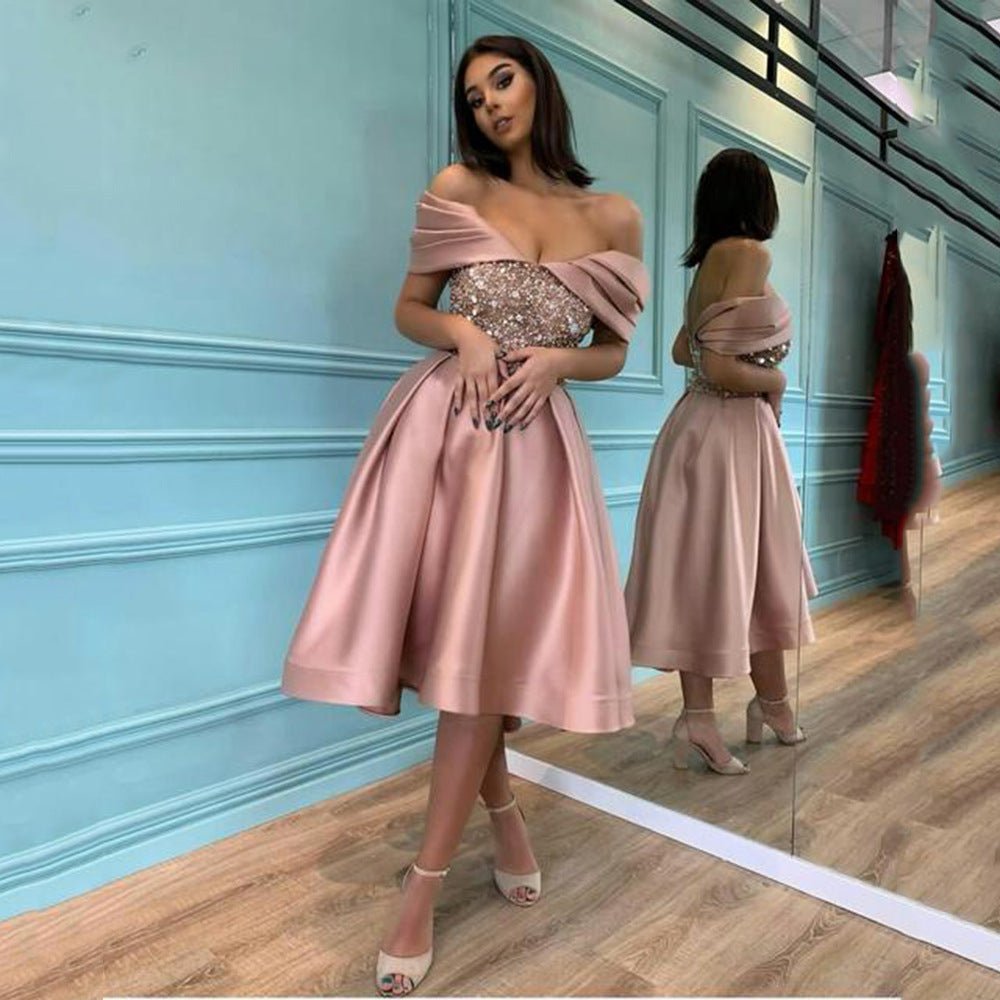 2025 New new women's clothing spring simple atmosphere long thin sequins off-the-shoulder banquet evening dress dress