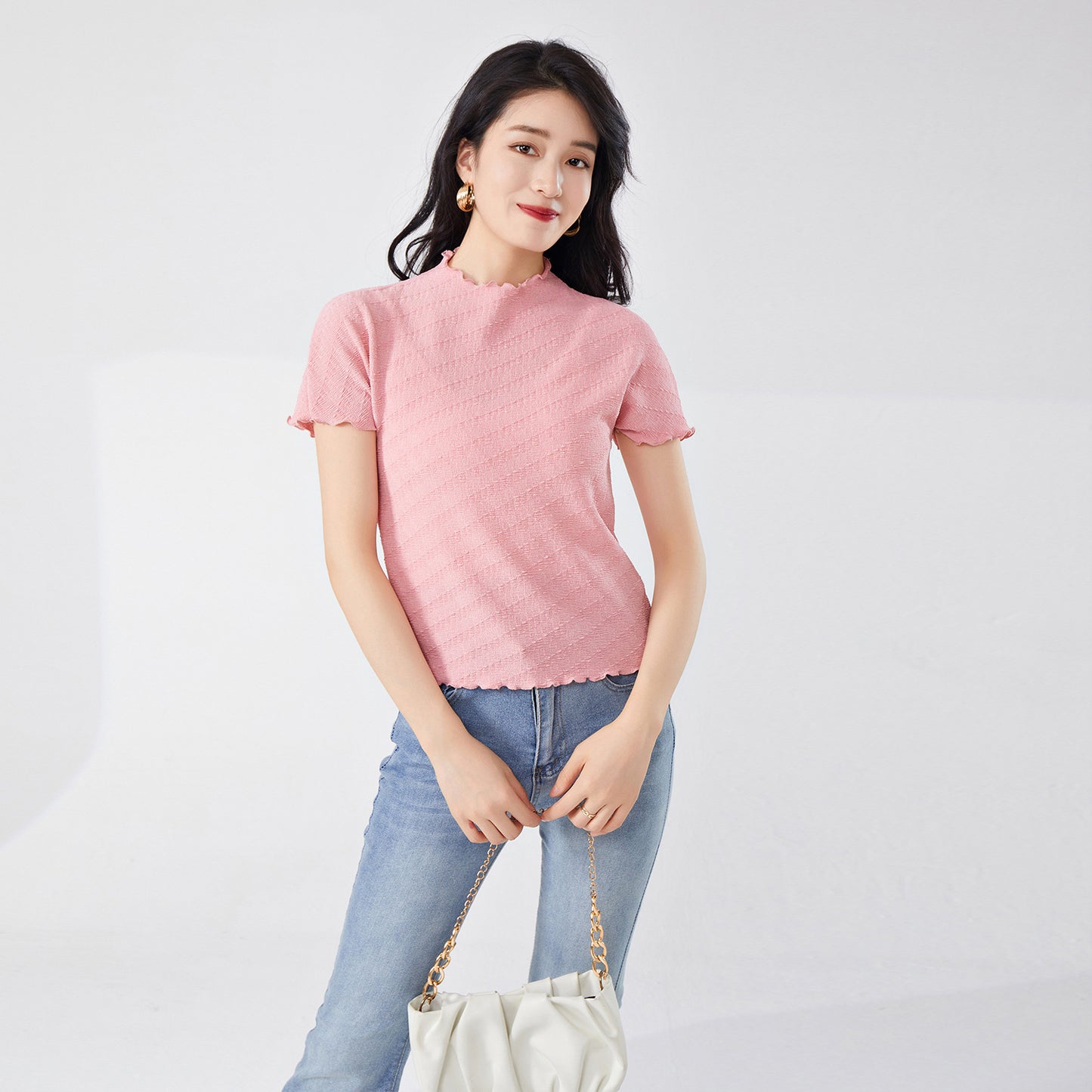 2025 Women's hot-selling short-sleeved T-shirt summer temperament semi-turtleneck slim-fitting and thin commuting simple versatile pleated top