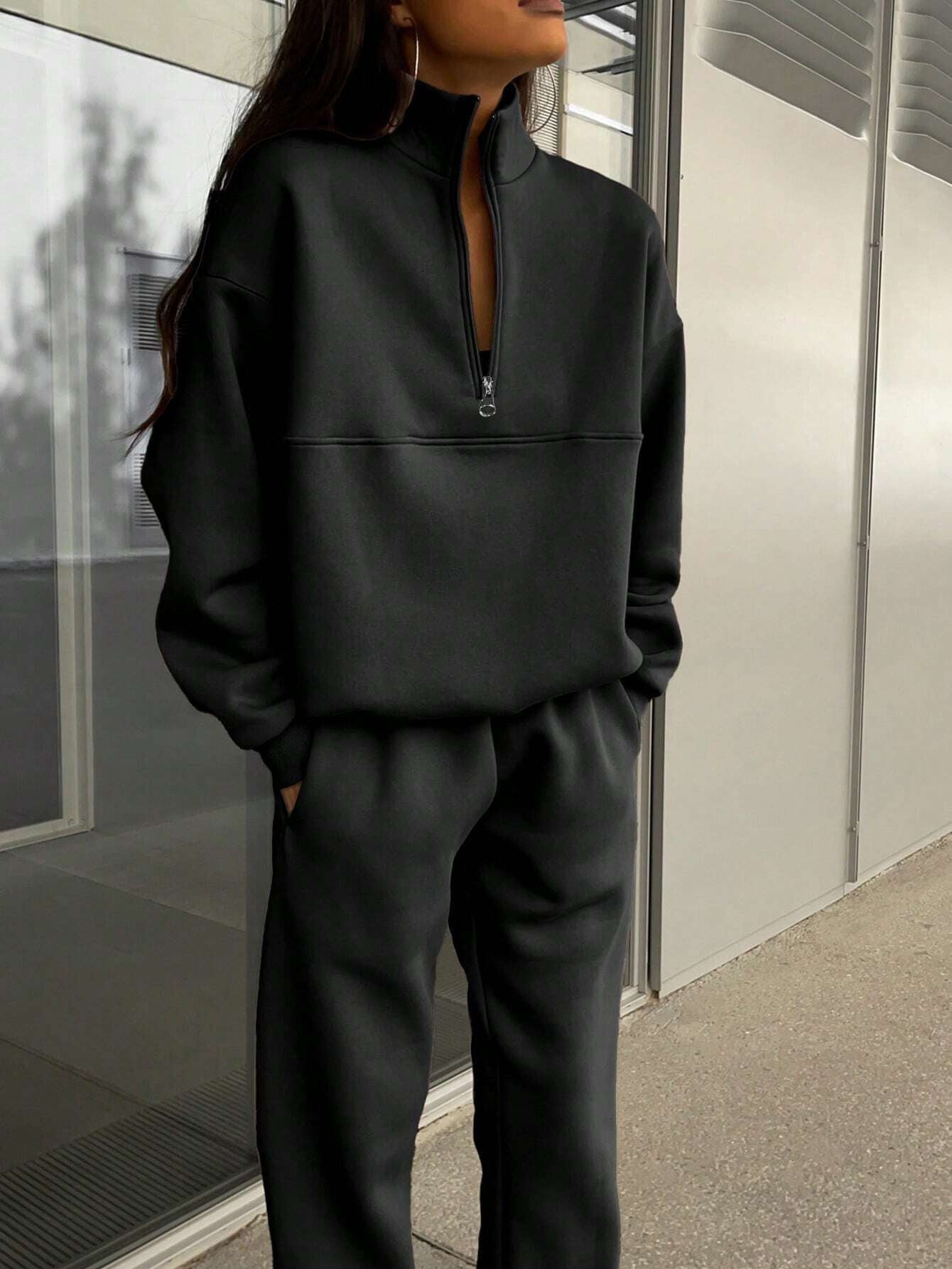 2025 Popular, , New autumn and winter new fashion zipper lapel solid color casual two-piece set