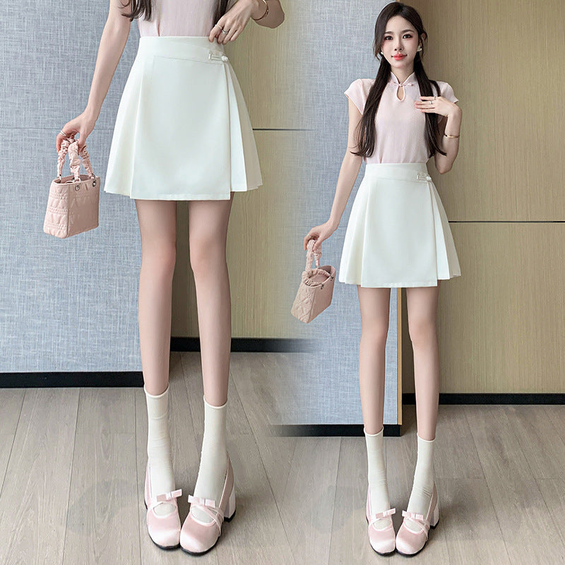 2025 Casual skirt women's spring and summer new Chinese style pleated skirt A word short skirt retro belly cover hip skirt