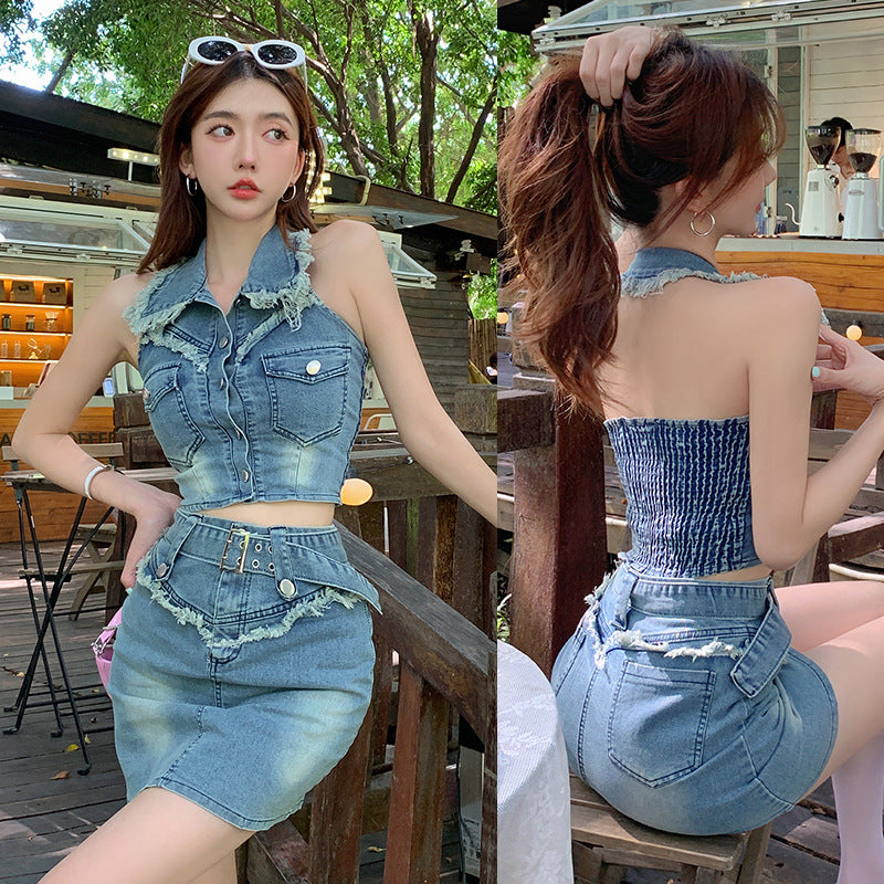 2025 Spice girl denim suit women's summer new fashion neck halter navel vest top high waist rough edge skirt