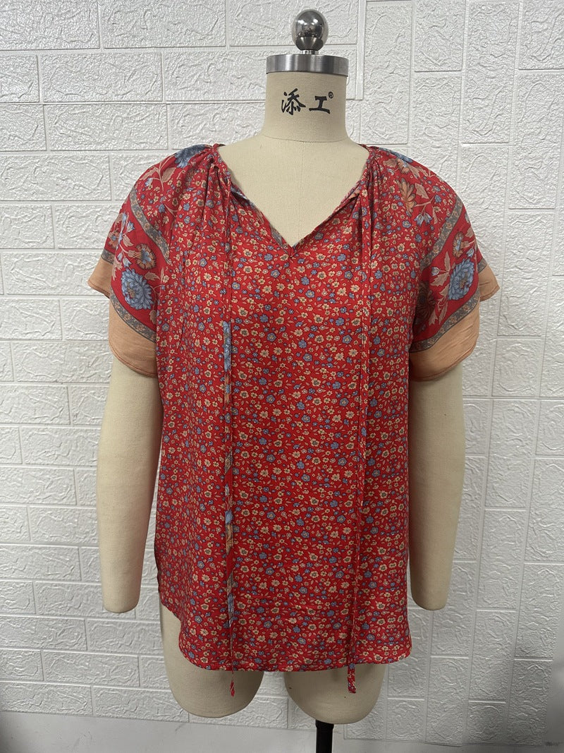2025 Popular, , New women's clothing summer new casual celebrity style printing V-neck short-sleeved loose shirt