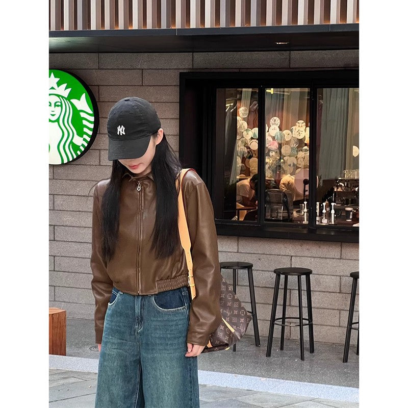 jinran fall inspo outfits Autumn New Retro Loose Western Style High-Grade Zipper Leather Coat Women's Stand Collar Long Sleeve Short Jacket