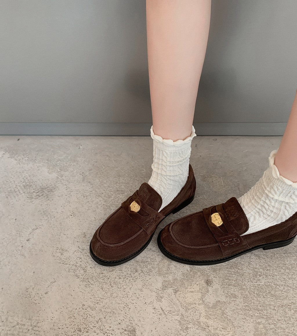2025 Cowhide version~ Xingshengda shoes make old horse leather retro polished small gold coins thick heel loafers women's small leather shoes