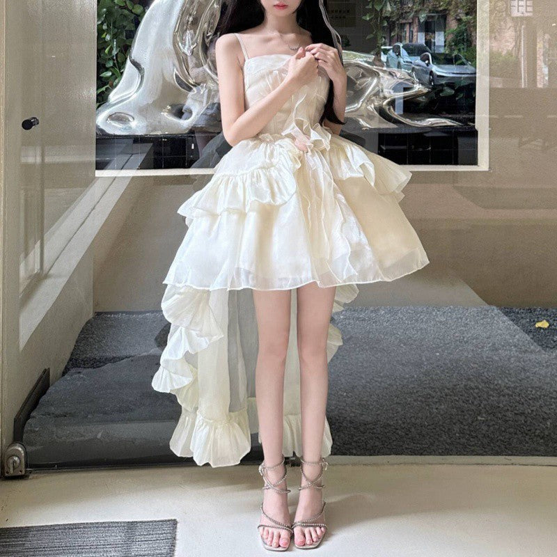 jinran dress Summer New Korean Style White Moonlight First Love Sense Niche Exquisite Waist Slimming Sling Tail Dress Short Skirt for Women