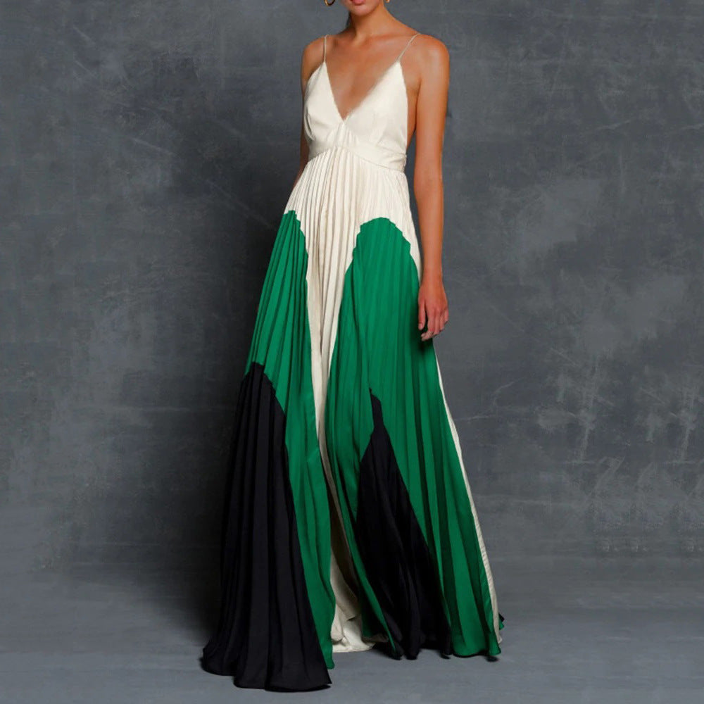 2025 New summer 2025 women's clothing wish digital printing slim and thin long color matching pleated suspender dress