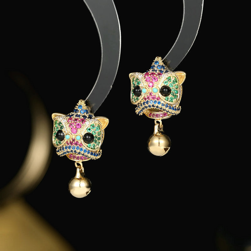 2025 Creative lion dance lion stud earrings zircon inlaid retro dynasty Chinese style personalized design bell lion head earrings