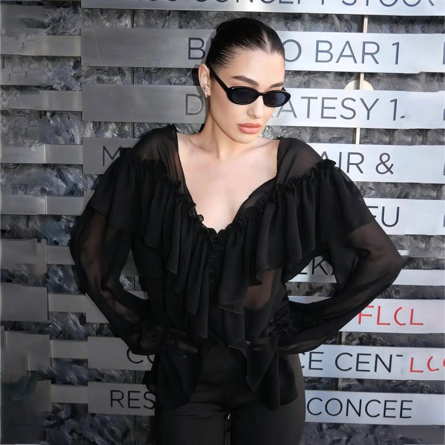 2025 Popular trade deep V-neck ruffle edge long-sleeved chiffon top femininity high-end new irregular chiffon shirt