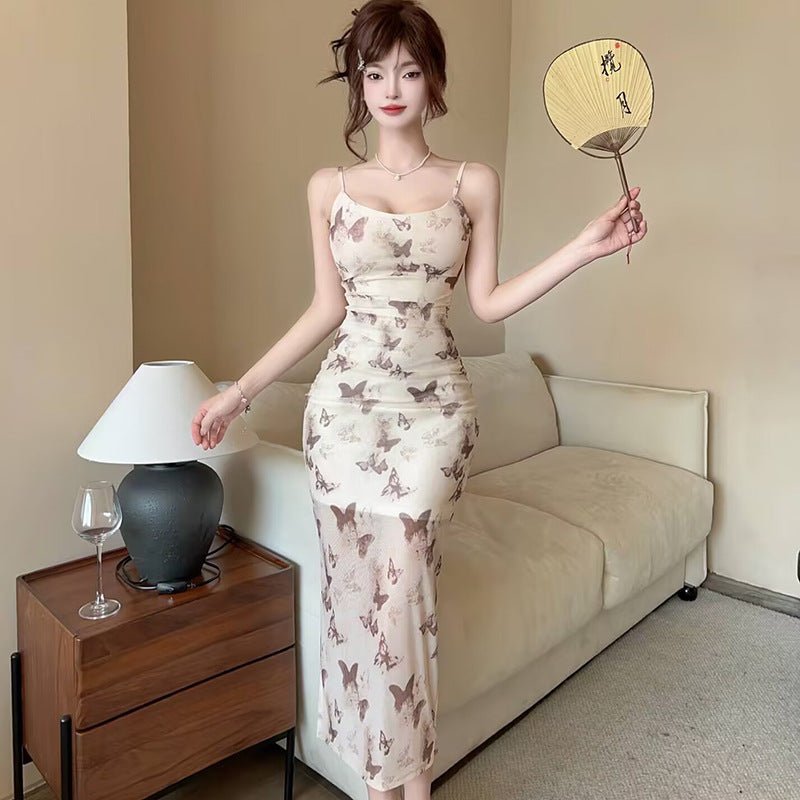 2025 summer new celebrity women's clothing sexy butterfly print off-the-shoulder suspender dress mesh slim dress