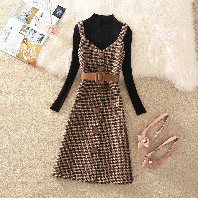 jinran fall trends 2024 outfits Sweater Dress Suit Women's 2024 Autumn and Winter New Retro Woolen Plaid Strap Dress Two-Piece Suit Fashion Women