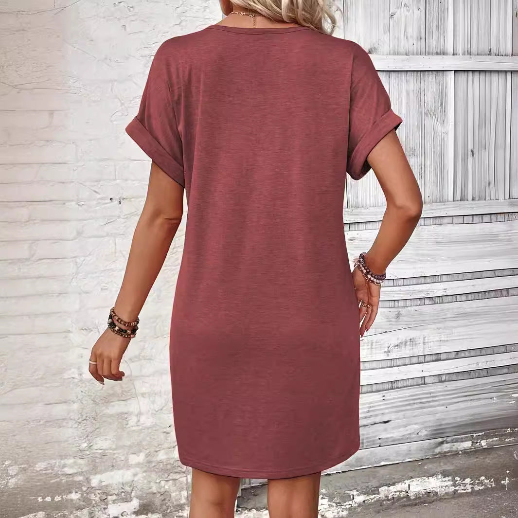 2025 Popular, , New summer women's clothing fashion versatile buckle V-neck shoulder roll sleeve solid color dress