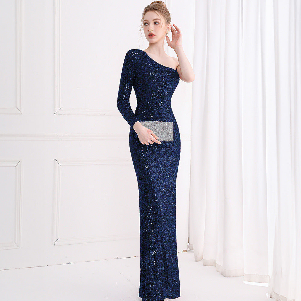 2025 Evening dress femininity light luxury banquet model catwalk company annual meeting host single shoulder long dress