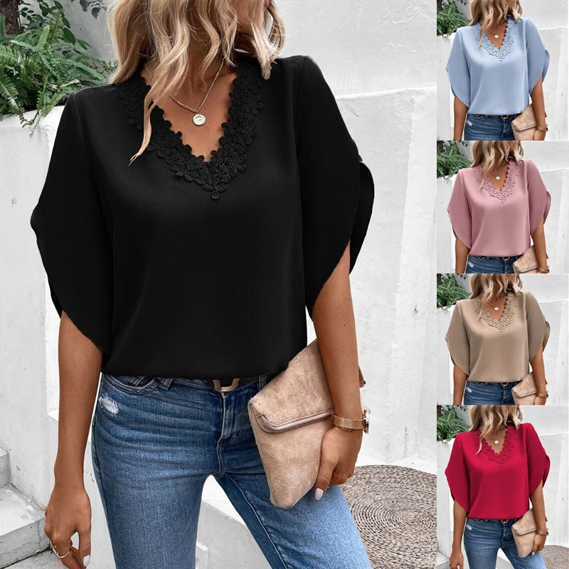 2025 Popular, , New women's clothing summer, new solid color lace V-neck horn sleeve loose shirt blouse
