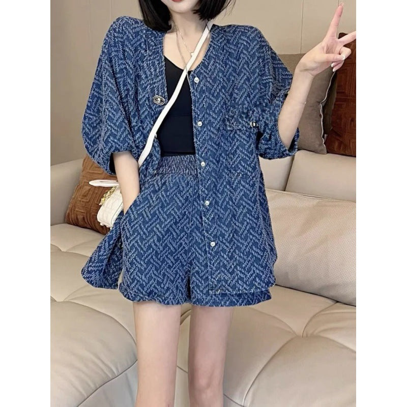 2025 spring and summer new women's clothing temperament design sense denim suit female fat Tibetan meat thin summer loose two-piece set