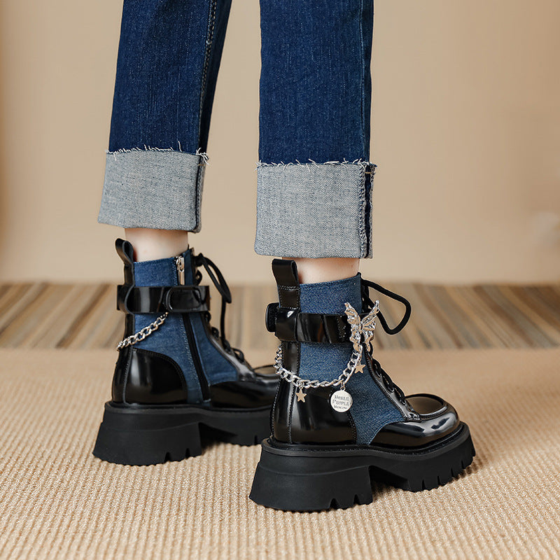 jinran shoes 2024 Autumn New Liquid Butterfly Martin Boots Thick Bottom Casual Lightweight Denim Knight Boots Women's Short Boots Women's Chunky Heel