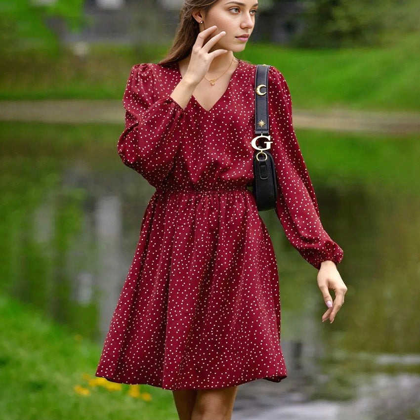 2025 spring wildberries polka dot V-neck bubble sleeve long-sleeved dress New fashion retro short skirt women